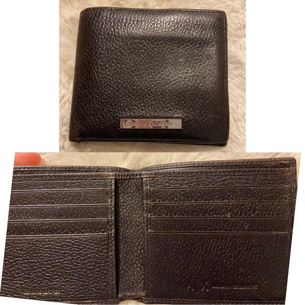 Armani Exchange dark brown leather bifold wallet with silver logo hardware